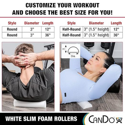 CanDo Slim White PE Foam Rollers for Exercise, Fitness, Muscle Restoration, Massage Therapy, Sport Recovery and Physical Therapy for Home, Clinics, Professional Therapy 3" x 12" Round