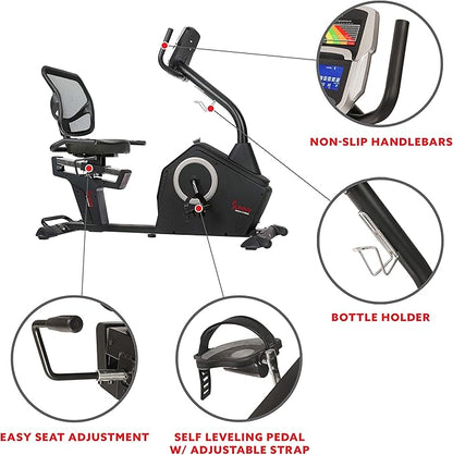 Sunny Health & Fitness Programmable 16 Levels Electro-Magnetic Resistance Recumbent Exercise Bike with 24 Pre-Build Workouts and 300 lbs Weight Capacity, Optional Bluetooth w/Exclusive SunnyFit App