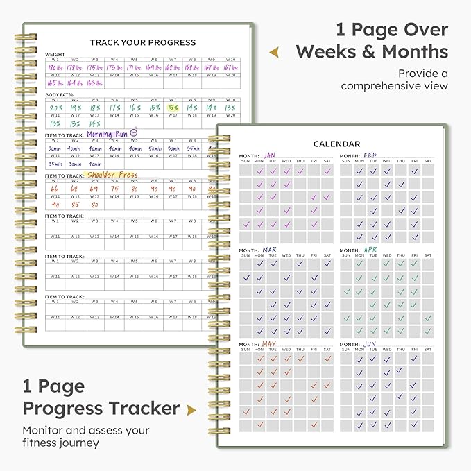 Fitness Workout Journal for Women & Men, A5(5.5" x 8.2") Workout Log Book Planner for Tracking, Progress, and Achieving Your Wellness Goals - Green