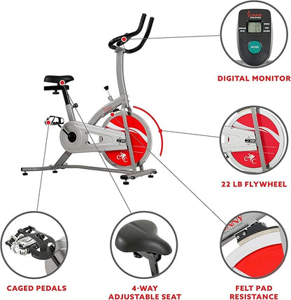 Sunny Health & Fitness Indoor Stationary Cycling Exercise Bike for Home Cardio Workout, 4-Way Adjustable & Cushioned Seat, Optional Magnetic Resistance & Exclusive SunnyFit App Enhanced Bluetooth Link