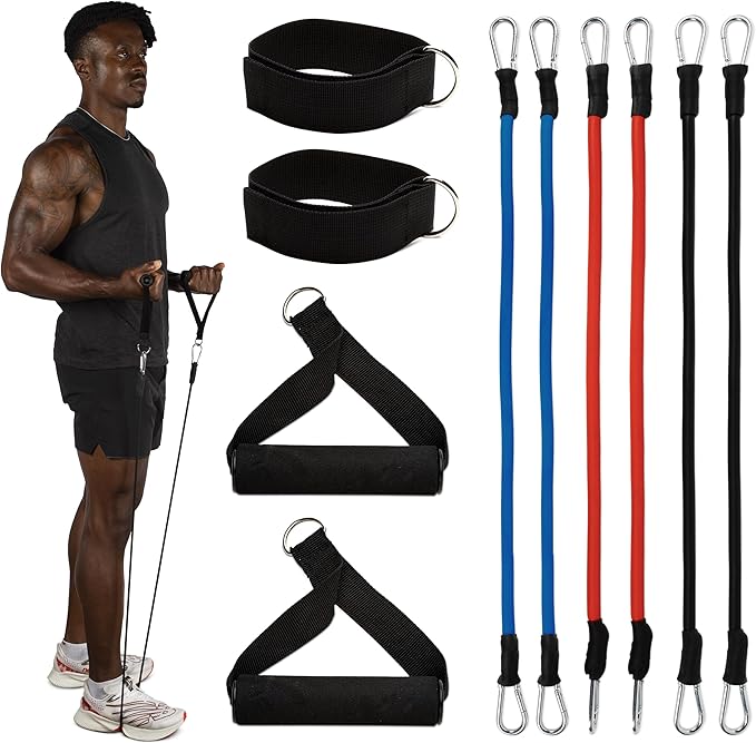 Resistance Bands for Working Out - Exercise Bands Resistance Bands Set of 6 - Resistance Band Set, 30/40/50 lbs Color-Coded Bands, 18" Pump Bands with Ankle Straps, Handles, Carrying Bag