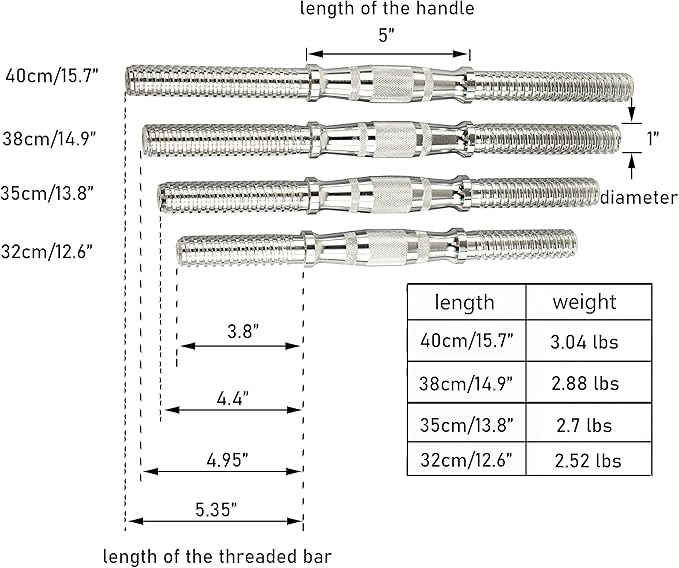 Threaded Dumbbell 12.6/14.2/14.8/15.7/18.1/19.7/22inch(32/35/38/40/46/50/56cm) curved Handles/Adjustable Dumbbell Bar Handles - Fit 1 inch Standard Weight Plate - Weightlifting Accessories - Sold in Pair