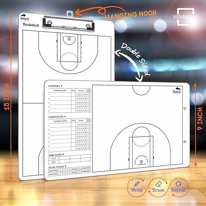 Scribbledo Basketball Dry Erase Board for Coaches 15"x9" Double Sided Basketball Whiteboard Coaching Board Equipment Basketball Accessories The Perfect Coach Gifts