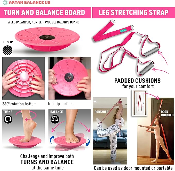 Dance, Cheerleading and Figureskating Trainer Stretching and Balance, 2 Pc. Set, Stretching, Disc Core Board and Flexibility Equipment Strap for Dance, Gymnastics, Turning, Stunt