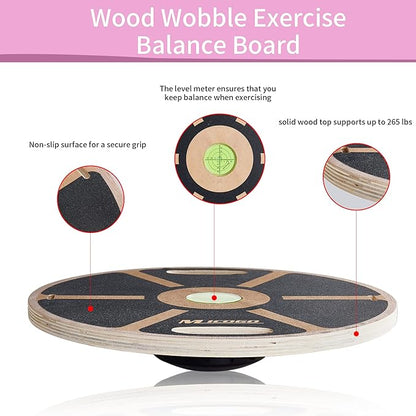 Utility Wood Wobble Exercise Balance Board With Level And Resistance Bands