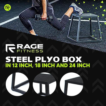 Rage Fitness Steel PlyoBox12-18-24-30Inch High Anti-SlipPlyometric JumpBoxes For Agility,Stamina And Conditioning StrengthTraining(Sold Individually)Plyometric Platform Step Up Box Jump For Home & Gym