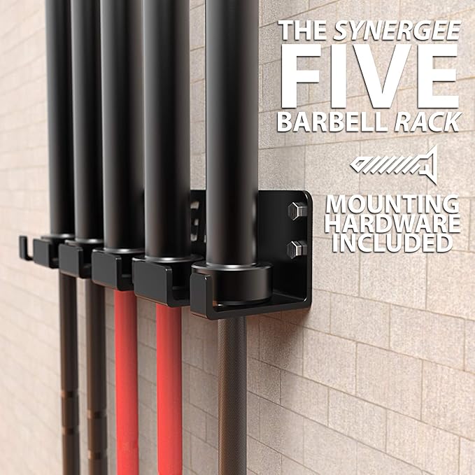 Synergee 1, 2 or 5 Barbell Holder. Vertical Hanging Barbell Rack. Holds Bars, Curl Bars, Hex Bars, Tricep Bars. Excellent Compact, Vertical Storage. Organization for Home, Commercial, Garage Gyms.