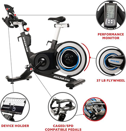 Sunny Health & Fitness ASUNA 6100 Sprinter Cycle Exercise Bike - Magnetic Resistance Belt Rear Drive, 350 lb Max Weight with RPM Cadence Sensor, Dual Foot Cage/Clipless (SPD) Pedals