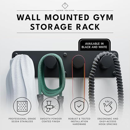 Lux Wall Mounted Home Gym Storage Rack Organizer - Durable Steel Gym Hooks - Powder Coat - All Hardware - Easy Install Gym Organization for Home Gym Equipment [21” L x 5.25” W x 5” D] - Black or White