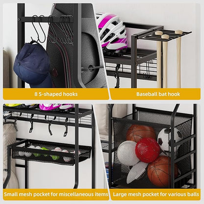 DWVO Sports Equipment Organizer, 3 Golf Bags Storage Stand with Wheels, Sport Gear Accessories Rack and Ball Organizer Bin for Garage