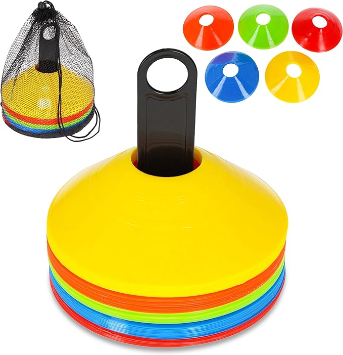 Get Out! Soccer Agility Training Marker Cones Set - 50 Pack Color Agility Cones with Stand and Carrying Bag - for Sports Training, Football, Basketball, Coaching, Practice Equipment