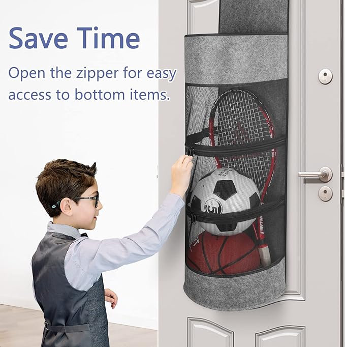 Over The Door Hanging Sports Equipment Organizer, Ball Storage, Garage Sports Equipment Organizer, Back of Door Storage Organizer for Basketball, Football, Volleyball, Tennis, and Toy Storage