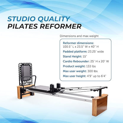 Stamina AeroPilates Pro Reformer Whole Body Resistance Padded Pilates Workout Machine with Cardio Rebounder for Home Workouts, Chrome Black