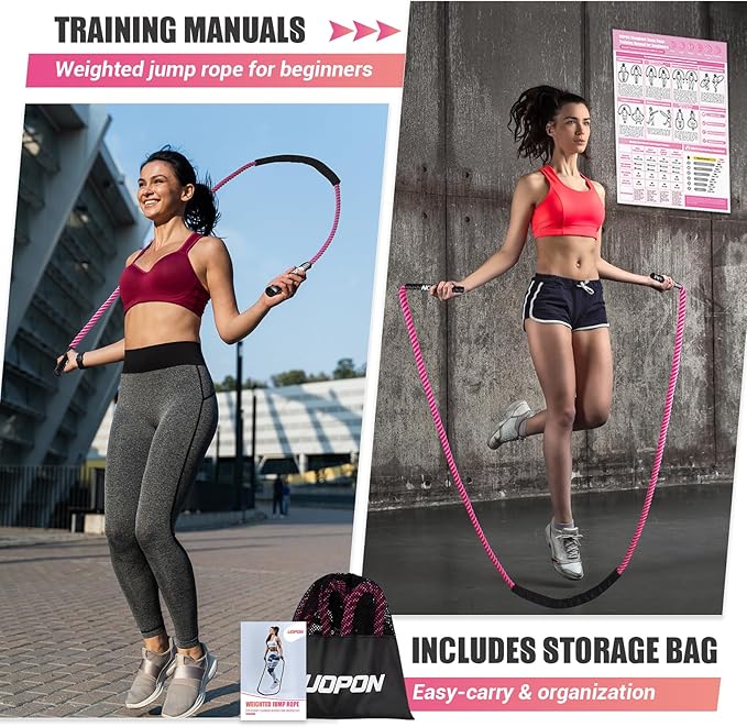 Weighted Jump Rope for Women, 1.25LB Heavy Skipping Rope for Exercise with Training Poster, 9.2FT Weight Fitness Jump Rope for Improve Strength, Building Muscle & Total Body Workout Equipment