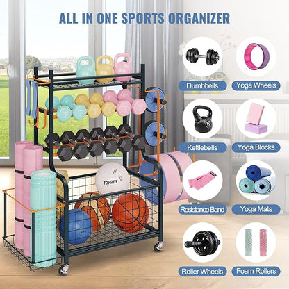 Weight Rack for Dumbbells, Yoga Mat Storage Rack Home Gym Equipment Storage Rack Cart for Dumbbells Kettlebells Yoga Mat, All in One Workout Equipment Storage Organizer Cart with Wheels and Hooks