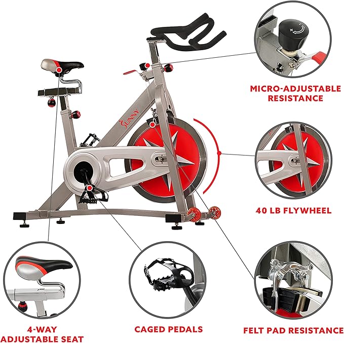 Sunny Health & Fitness Pro Cycling Stationary Bike, 40 LB Flywheel & 4-Way Adjustable Seat for Home Exercise & Indoor Cycle/Cardio Workout, Optional Exclusive SunnyFit App Enhanced Bluetooth Link