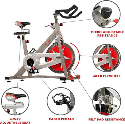 Sunny Health & Fitness Pro Cycling Stationary Bike, 40 LB Flywheel & 4-Way Adjustable Seat for Home Exercise & Indoor Cycle/Cardio Workout, Optional Exclusive SunnyFit App Enhanced Bluetooth Link