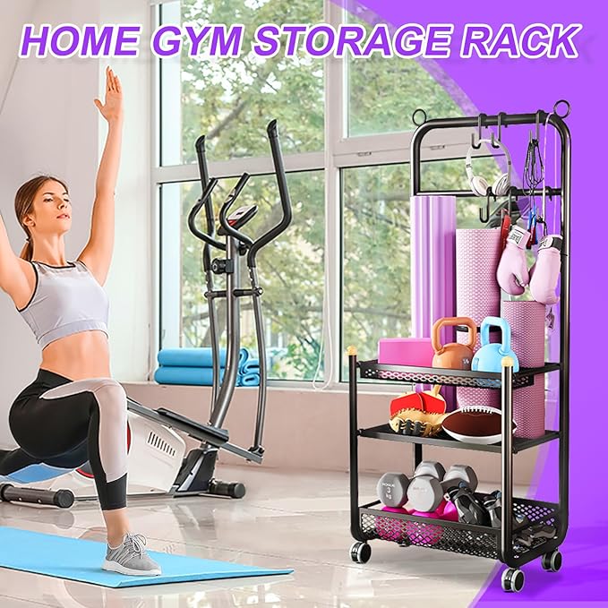 Home Gym storage, Yoga Mat Storage Weight Rack, Workout Equipment Storage, Dumbbell Kettlebells Home Gym Storage Rack with wheels