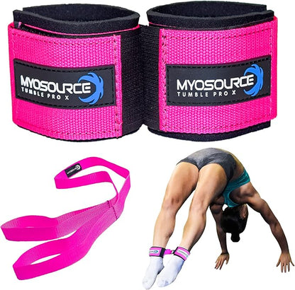 Myosource Kinetic Bands Tumble Pro X Ankle Straps Kit – Cheerleading Standing Tumbling Equipment, Gymnastics Backhandspring Trainer – Includes Flexibility Stunt Stretch Strap – Blue or Pink