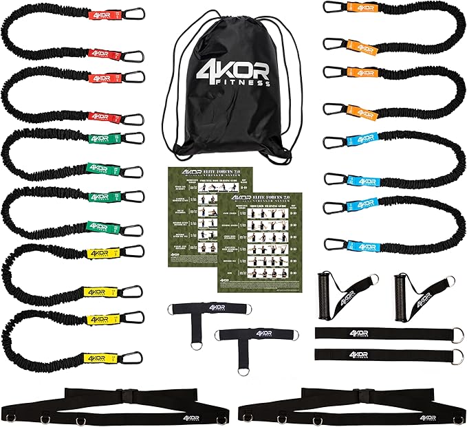 Resistance Cord Strength System, with Interchangeable Handles, Protective Nylon Sleeves, Foot Straps, Anchor Straps, and Carrying Bag. Perfect for Dynamic Warmups, Crossfit, and Rehab - Black Deluxe Edition