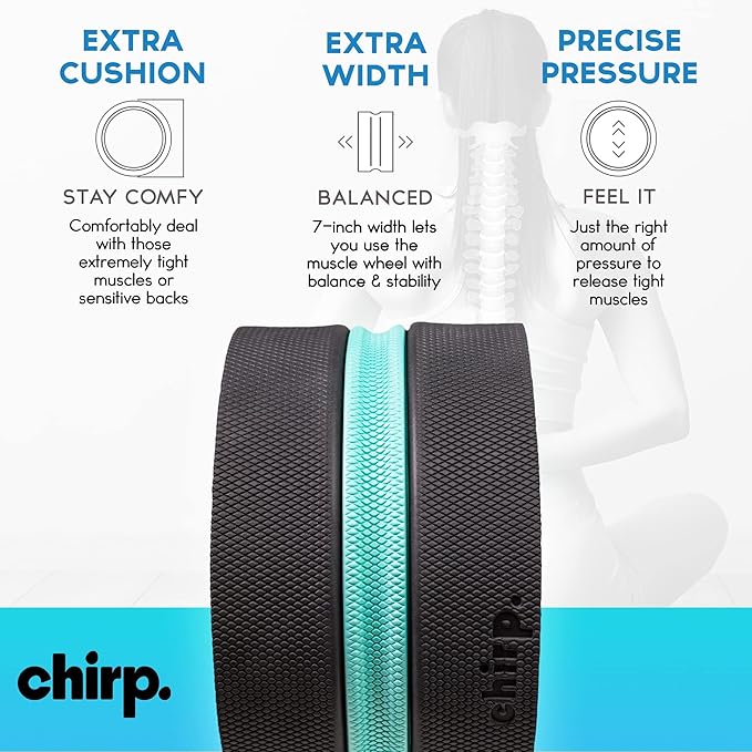 Chirp Wheel XL - Super Comfort Back Massage Foam Roller - Wider Back Stretcher, Plush Cushion, Enhanced Stability, Spinal Protection, Trigger Point Pressure, Back Cracking Device, Holds Up to 500 lbs