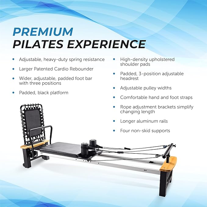 Stamina AeroPilates Pro Reformer Whole Body Resistance Padded Pilates Workout Machine with Cardio Rebounder for Home Workouts, Chrome Black