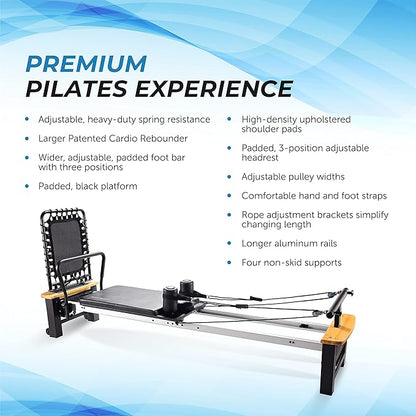 Stamina AeroPilates Pro Reformer Whole Body Resistance Padded Pilates Workout Machine with Cardio Rebounder for Home Workouts, Chrome Black