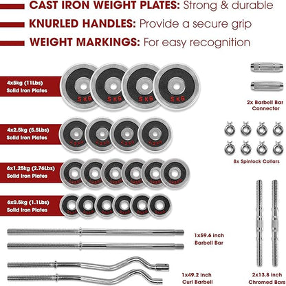 STOZM Dumbbell Set 121lbs Chrome Coated with Carry Case – Versatile Chrome Dumbbell Set with Straight Barbell, Curl Barbell, 2 Connectors, 20 Weight Plates, 2 Dumbbell Handles & 8 Collars