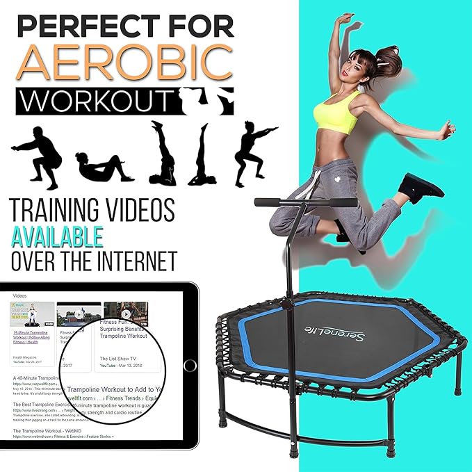 SereneLife 40"/48" Foldable Mini Trampoline - Compact Fitness Trampoline for Kids Adults, Exercise Bungee Rebounder with Adjustable Foam Handle, Indoor/Garden Workout Equipment, Max Load 264 lbs