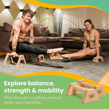 WOODPOWER® - PowerBars, Wooden Parallettes Push Up Bars, Joint-Friendly Beech Wood Calisthenics Equipment for Home, Durable Handstand Trainer Push Up Handles for Floors, XS, Set of 2