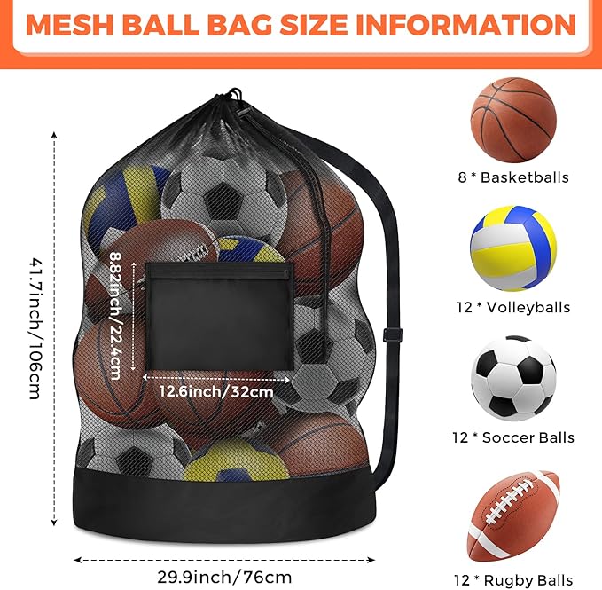 Extra Large Sports Ball Bag, Mesh Soccer Team Balls Bag, Drawstring Sport Equipment Storage Bag for Basketball, Beach Cloth and Swimming Gears