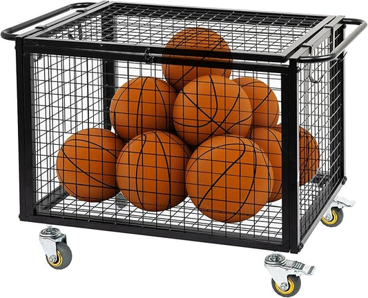 Metal Basketball Rolling Cart Sports Equipment Storage Wheel Basket Matte Black Athletic Lockable Cage with Raised Handle Gym Home Garage School Court Field Football Soccer Ball Volleyball Bat