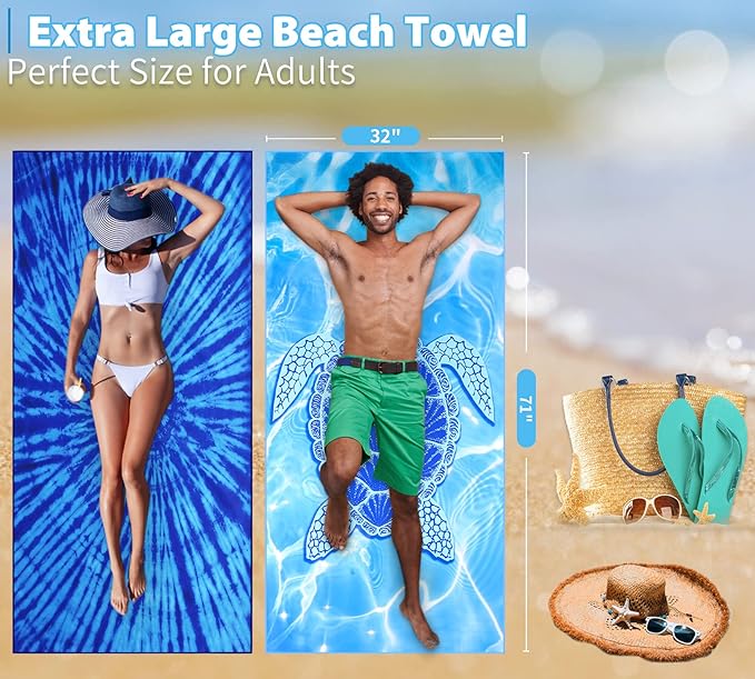 2 Pack Lightweight Thin Beach Towel Oversized 71"x32" Big Extra Large Microfiber Sand Free Towels for Adult Quick Dry Travel Camping Beach Accessories Vacation Essential Gift Blue Tie Dye Turtle