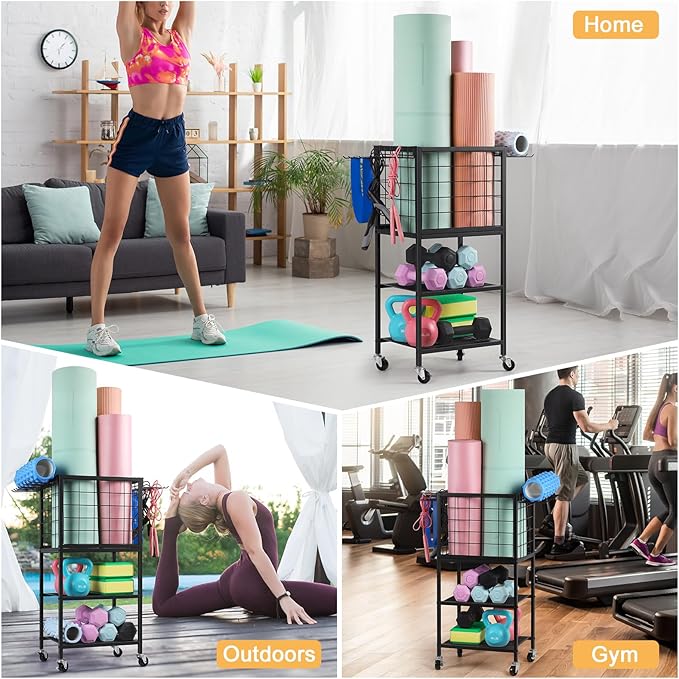 ETELI Weight Rack for Home Gym Dumbbells Yoga Mat Storage Rack Cart Small Metal Wood Home Gym Workout Equipment Storage with Hooks for Yoga Block Foam Rollers Resistance Bands