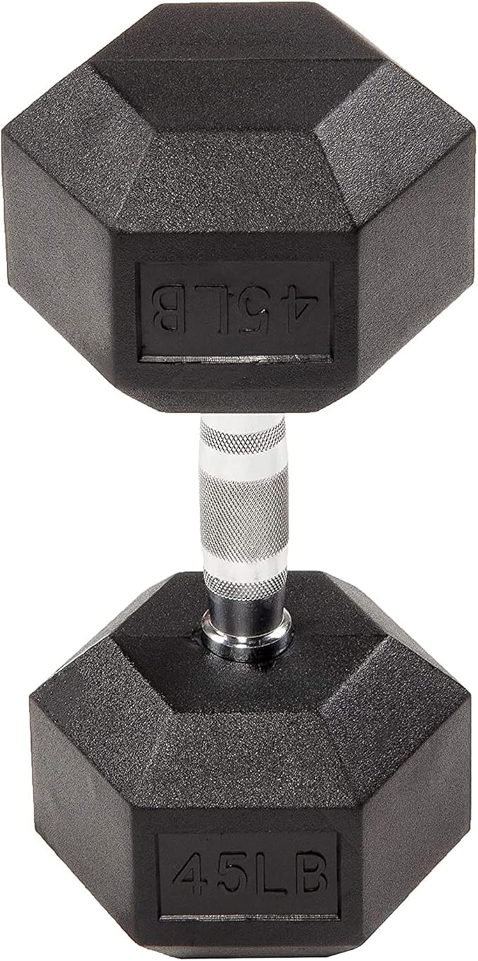 Signature Fitness Rubber Encased Hex Dumbbell, 45LB Single