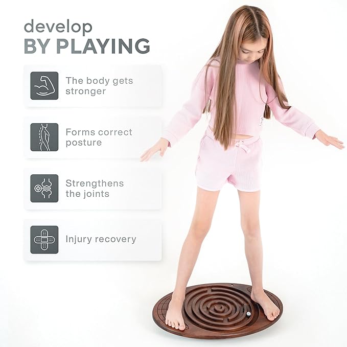 Bodo Maze Balance Board - Wood Wobble Board for Kids, Toddlers, Teens & Adults for Exercise Training, Physical Therapy, Bodyweight Fitness, Skiing, Surfing, Snowboarding, Skateboarding with Labyrinth