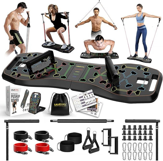 LALAHIGH Home Workout Equiptment: Portable Exercise Push Up Board, Strength Training Sets with Pilate Bar & 20 Fitness Accessories with Resistanve Bands & Ab Roller Wheel - Full Body Workout