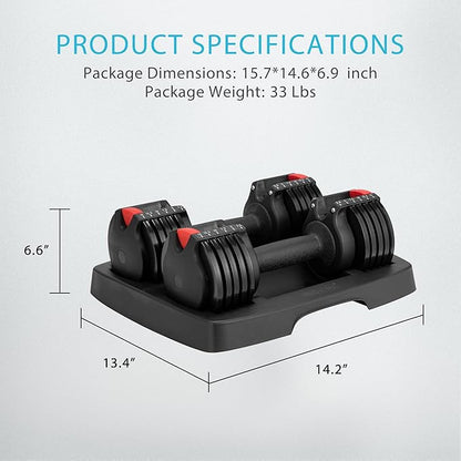 VIVOHOME 2.5 lbs to 15 lbs Adjustable Weights Dumbbells Set of 2 with Anti-Slip Handle and Tray Multiweight Options Workout Equipment for Men Women Home Gym Office Black