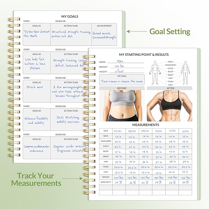 Fitness Journal Workout Planner for Men & Women, A5(6.4" x 8.3") Workout Journal Log Book Planner for Track Gym Essentials, Home Workouts, Track Progress, Achieve Goals, Green