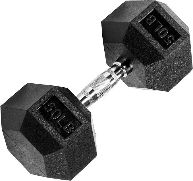 Signature Fitness Rubber Encased Hex Dumbbell, 50LB Single