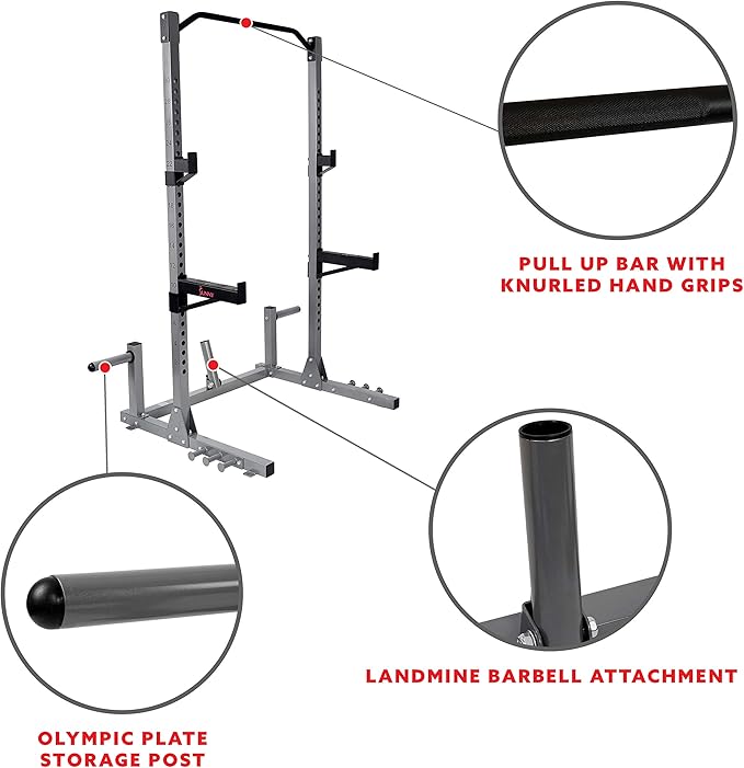 Sunny Health & Fitness Power and Squat Rack with High Weight Capacity Optional Olympic Weight Plate Storage, 360° Swivel Landmine, Power Band Attachment