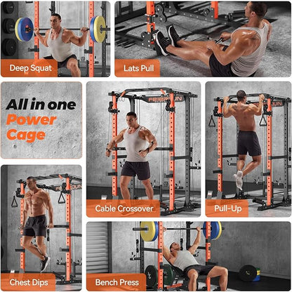 FEIERDUN Multi-Function Squat Rack Power Cage FLA01 with Cable Crossover System, 2000LBS Capacity Power Rack and Packages with Optional Weight Bench, Olympic Barbell Weight Set, for Garage & Home Gym