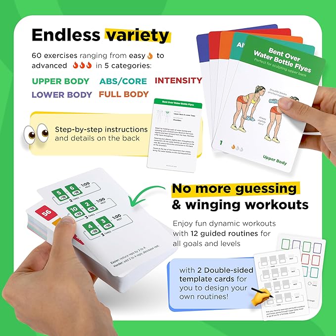 Exercise Cards: Bodyweight – Premium Home & Gym Workout Flash Cards Deck for Women and Men with 60 Exercises and 12 No Equipment Routines · Waterproof Plastic Fitness Flashcards