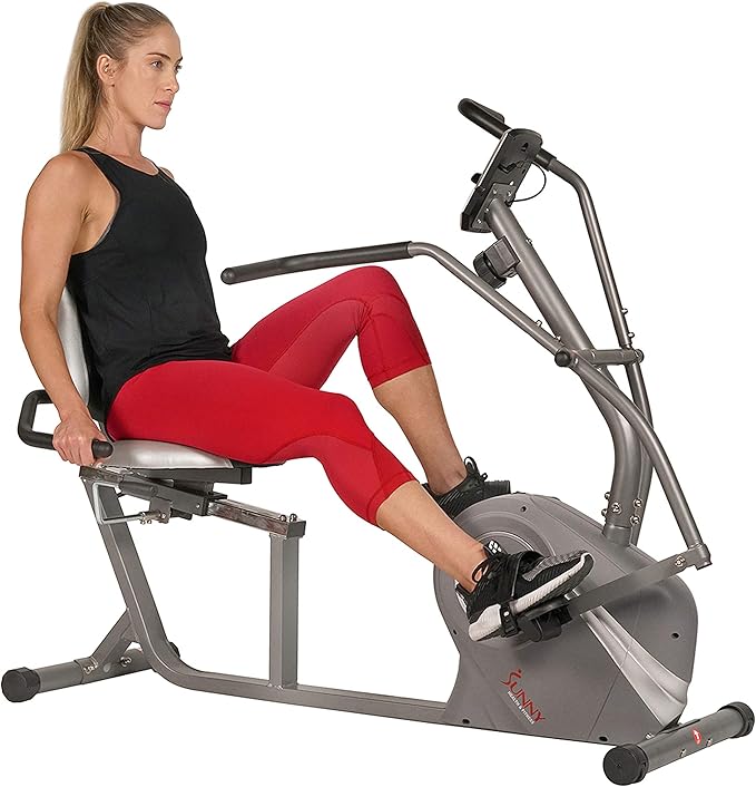 Sunny Health & Fitness Magnetic Recumbent Bike w/Adjustable Wide Cushion Seat, Home Stationary Exercise Machine for Adult/Seniors, Optional Arm Exerciser & Exclusive SunnyFit App Bluetooth Connection