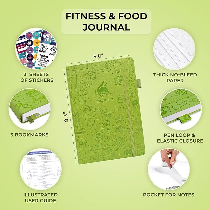 Clever Fox Fitness & Food Journal – Nutrition & Workout Planner for Women & Men – Diet & Gym Exercise Log Book with Calendars, Diet & Training Trackers - Undated, A5 Size, Hardcover (Apple Green)