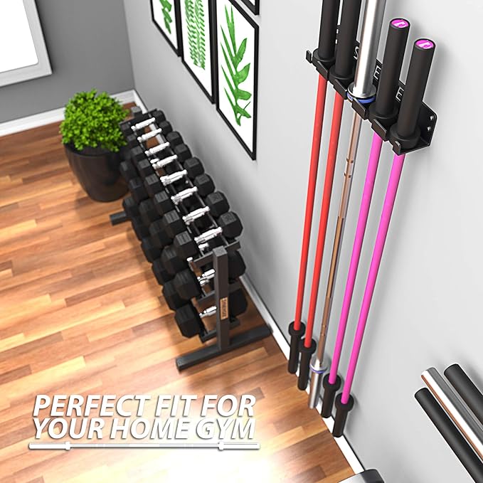 Synergee 1, 2 or 5 Barbell Holder. Vertical Hanging Barbell Rack. Holds Bars, Curl Bars, Hex Bars, Tricep Bars. Excellent Compact, Vertical Storage. Organization for Home, Commercial, Garage Gyms.