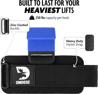 DMoose Fitness Weight Lifting Hooks for Men & Women (Pair) - 8 mm Thick Wrist Padding - Weight Lifting Grips for Powerlifting, Shrugs, Rows & Deadlift Support - Gym Lifting Straps with Pull Up Hooks