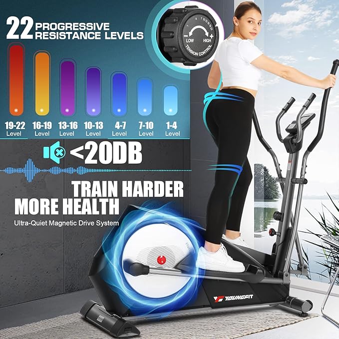 Elliptical Machine, Foldable Elliptical Machine for Home, 22 Resistance Levels with Large LCD Monitor Eliptical Exercise Machine