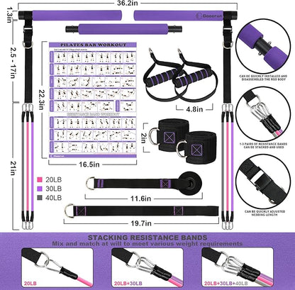 Portable Pilates Bar and Resistance Band Set with Handles. Multipurpose Home Gym, Supports Full-Body Workouts - with Fitness Poster and Video