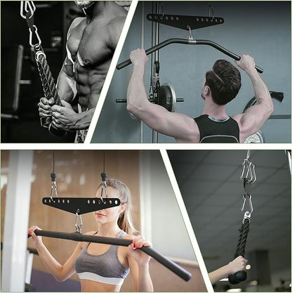 LAT Pull-Down Attachments, 6-Level Hole Adjustable, Cable Attachments for Gym, Compatible with Double or Single Exercise Handles, with 3 Strong Hooks, Black